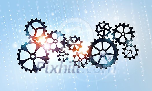 Mechanism of metal gears and cogwheels on blue background Mechanism of metal gears and cogwheels on blue background