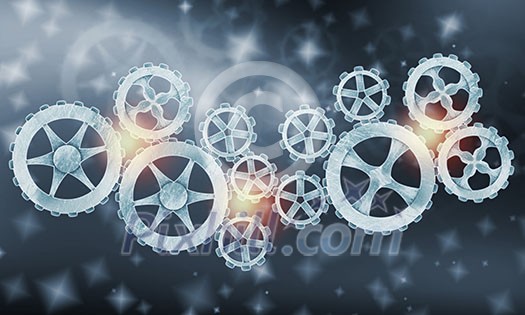 Mechanism of metal gears and cogwheels on blue background
