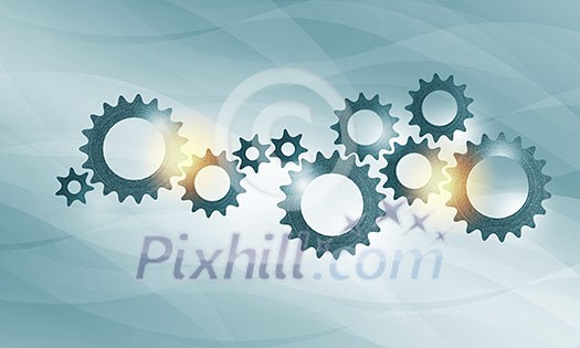 Mechanism of metal gears and cogwheels on blue background Mechanism of metal gears and cogwheels on blue background