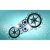 Mechanism of metal gears and cogwheels on blue background