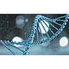 Biochemistry science concept with DNA molecules on blue background