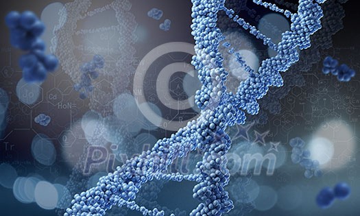 Biochemistry science concept with DNA molecules on blue background Biochemistry science concept with DNA molecules on blue background