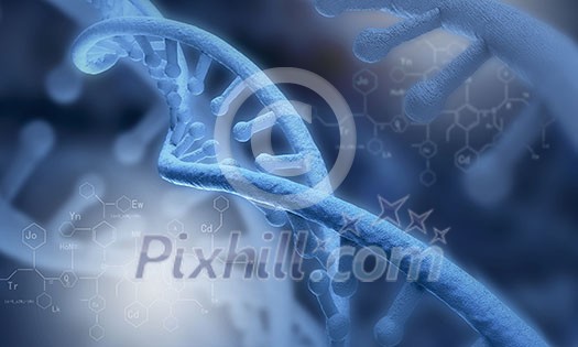 Biochemistry science concept with DNA molecules on blue background Biochemistry science concept with DNA molecules on blue background