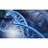 Biochemistry science concept with DNA molecules on blue background