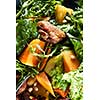 macro delicious, grilled meat duck with roasted pumpkin with salad on a fork
