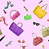 seamless pattern of collection women's accessories. Handbag, shoes, purse and lipstick isolated on pink