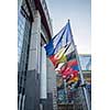 Flags with European Parliament in Brussels, Belgium