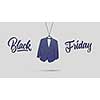 blue label in shape of man's tuxedo made of cardboard on a gray background. the concept of selling out. calligraphic text Black Friday