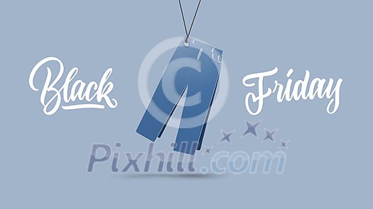 lable in shape of mens pants made of cardboard on a blue background.a Calligraphic text black Friday and sales concept