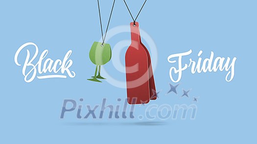 lables in shape of wine bottle and a glass made of cardboard on a blue background. Calligraphic text black Friday and sales concept