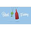 lables in shape of wine bottle and a glass made of cardboard on a blue background. Calligraphic text black Friday and sales concept