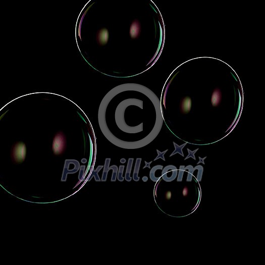 Rainbow soap bubbles on a dark background.