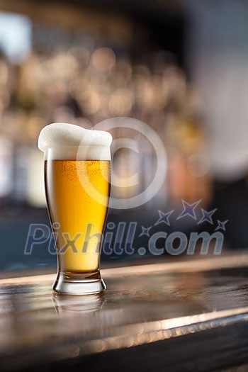 Glass of light beer served on wooden desk. Bar on background Glass of light beer served on wooden desk. Bar on background