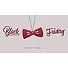 a label in shape of the fashion bow tie made of cardboard on a purple background. calligraphic text is black Friday. The concept of sales