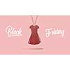 a label in shape of the fashion womens dress made of cardboard on a purple background. calligraphic text is black Friday. The concept of sales