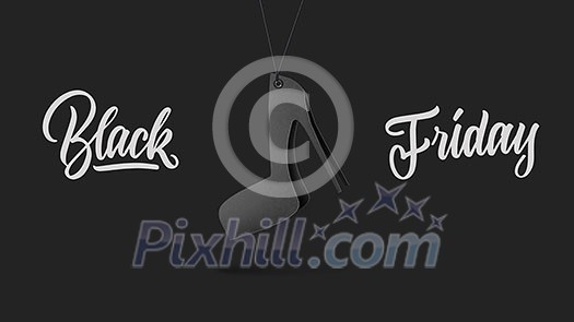 label in shape women's shoes on high hill made of cardboard on a gray background.a Calligraphic text black Friday and sales luxury premium style concept