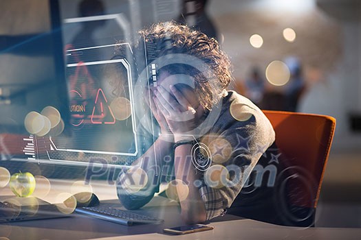 A time for relax. Young tired casual businessman relaxing at the desk in his night office A time for relax. Young tired casual businessman relaxing at the desk in his night office