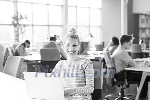 Young female Entrepreneur Freelancer Working Using A Laptop In Coworking space