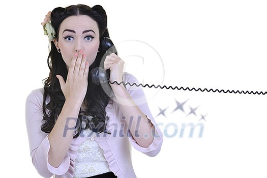 beautiful young woman girl talking on old phone isolated on white in studio