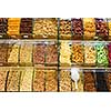 fresh various nuts and dried fruits in the store