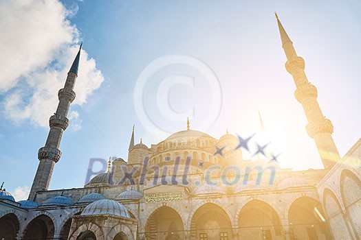 Blue Mosque on a blue sky background, a masterpiece of Istanbul art, Turkey.