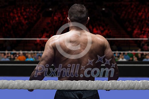 professional kickboxer with hands in martial arts position training for the fight in the training ring professional kickboxer with hands in martial arts position training for the fight in the training ring