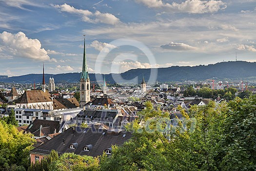 Aerial view of Zurich city center with famous St. Peter Church and river Limmat at Lake Zurich from Grossmunster Church Canton of Zurich Switzerland