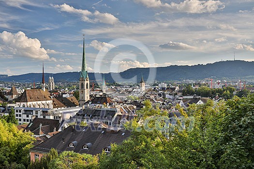 Aerial view of Zurich city center with famous St. Peter Church and river Limmat at Lake Zurich from Grossmunster Church Canton of Zurich Switzerland Aerial view of Zurich city center with famous St. Peter Church and river Limmat at Lake Zurich from Grossmunster Church Canton of Zurich Switzerland