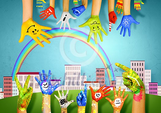 Human hands in colorful paint showing symbols Human hands in colorful paint showing symbols