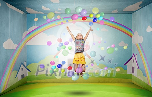 Little cute girl jumping high and flying in sky
