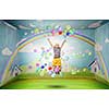 Little cute girl jumping high and flying in sky