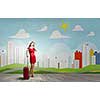 Young woman in red dress with red luggage talking on mobile phone