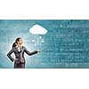 Attractive businesswoman catching with hand icons falling out of cloud