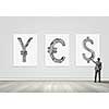 Businessman standing with back and writing yes word on banner