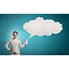 Pretty businesswoman spraying white speech cloud from container