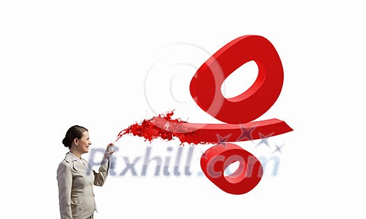 Young businesswoman with suitcase using spray balloon Young businesswoman with suitcase using spray balloon