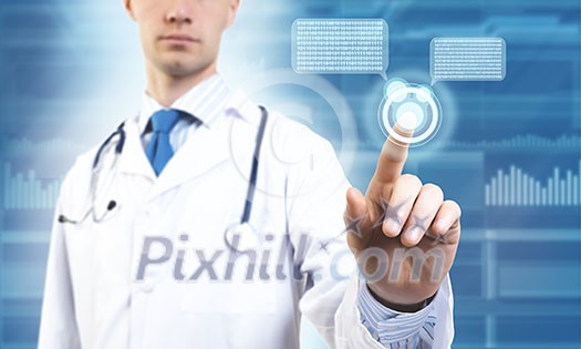 Unrecognizable male doctor with stethoscope working with virtual screen panel Unrecognizable male doctor with stethoscope working with virtual screen panel