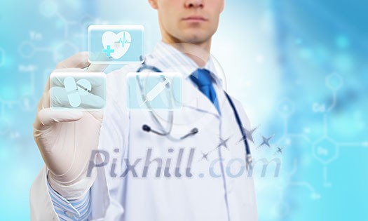 Unrecognizable male doctor with stethoscope working with virtual screen panel Unrecognizable male doctor with stethoscope working with virtual screen panel