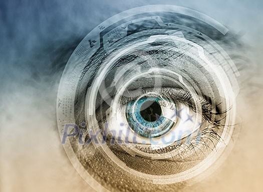 Close up of human eye on digital technology background Close up of human eye on digital technology background