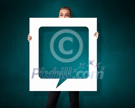 Businesswoman holding banner with blank speech bubble Businesswoman holding banner with blank speech bubble