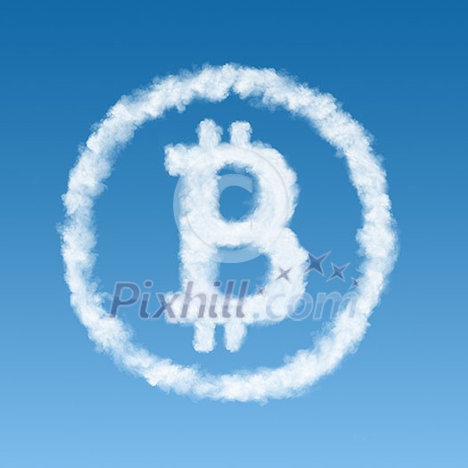 symbol bitcoin made from a white cloud on a blue background, Virtual money concept.