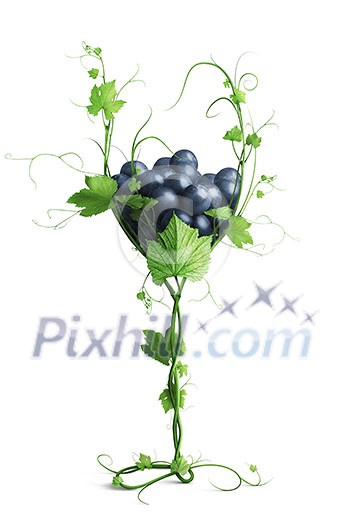 glass with grapes made from grapevine isolated on white background