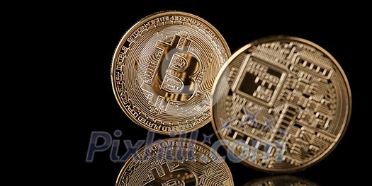 Bitcoin gold coin from both sides isolated on black background, New Virtual money concept, can be used for video cover or site Bitcoin gold coin from both sides isolated on black background, New Virtual money concept, can be used for video cover or site