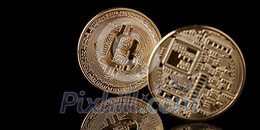 Bitcoin gold coin from both sides isolated on black background, New Virtual money concept, can be used for video cover or site