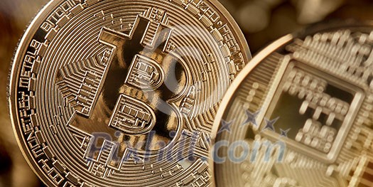 Bitcoin gold coin from both sides, cryptocurrency and blockchain concept, can be used for video or site cover
