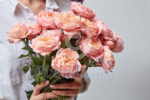 woman holding big fragrant bouquet of pink roses in the hands as a gift. Valentine's Day, Mother's Day woman holding big fragrant bouquet of pink roses in the hands as a gift. Valentine's Day, Mother's Day