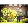 Senior woman doing some gardening in her lovely garden - watering the plants