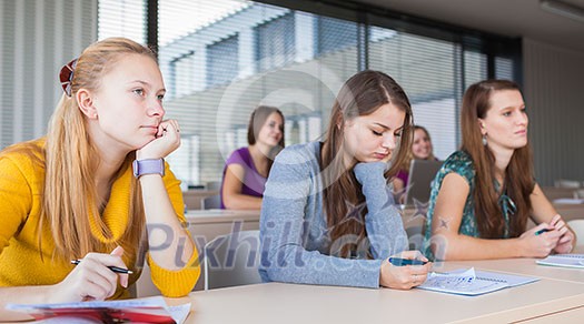 Students in classroom - young pretty female college student sitting in a classroom full of students during class (color toned image; shallow DOF)