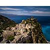 Aerial view of the beautiful village of Nonza, in Cap Corse, Corsica, France