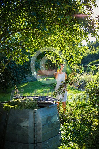 Pretty, young woman gardening in her garden, cutting branches, preparing the orchard for the winter Pretty, young woman gardening in her garden, cutting branches, preparing the orchard for the winter